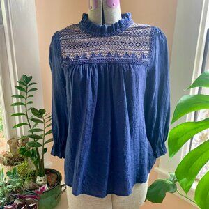 Boho Navy Blue Blouse Top Embroidered Yoke Ruffle Mock Neck Loose Puff Sleeves